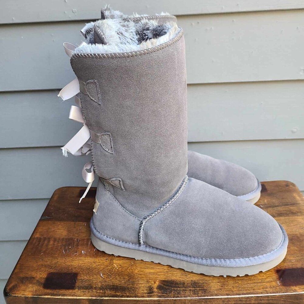 UGG Tall Grey Suede Bow Back Winter Boots